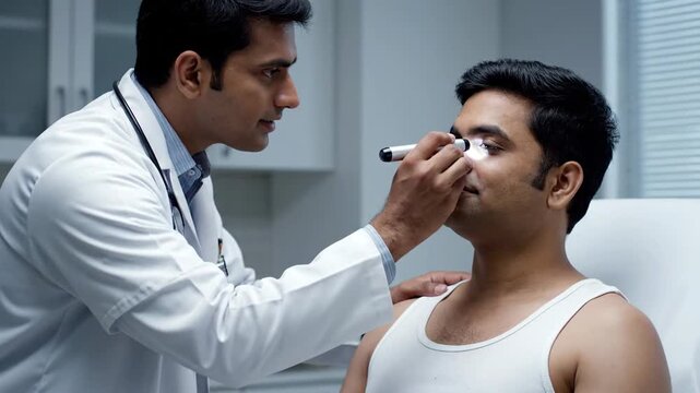 Indian Doctor Examines Male Patients Eye With Penlight In Clinic