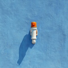 A simple, bright orange light fixture against a vibrant blue wall