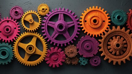 Colorful interlocking gears arranged on dark background