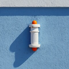 White column with orange orbs on blue wall
