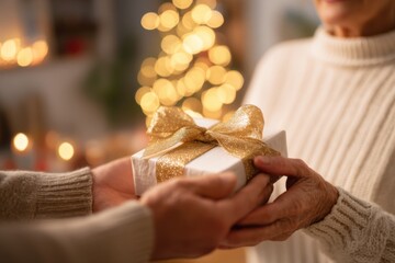 Hands exchanging a beautifully wrapped gift with a golden bow, set against a softly lit background of a decorated holiday tree, capturing the spirit of giving and celebration