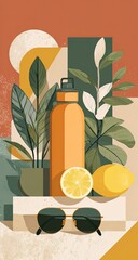 Stylish still life of a drink bottle, lemon, and sunglasses