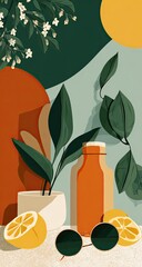 Still life illustration of plants, citrus fruits, and sunglasses