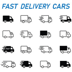 Fast delivery trucks icon set. Delivery car icon set. Outline and fill Fast Delivery car icon. Fast delivery truck for shipping. Vector illustration.