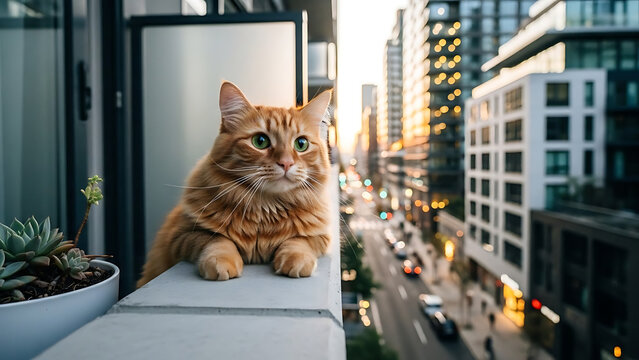 A cute young tabby kitten with bright blue eyes sits on a city street as this domestic feline portrait captures the curious nature of a small mammal looking around its urban environment - Powered by Adobe
