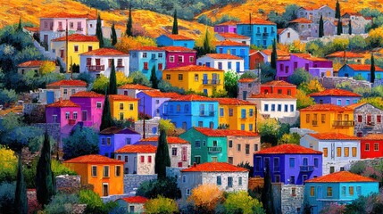 Colorful village houses on a hillside vista