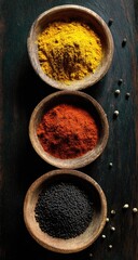 Three bowls of spices arranged vertically on a dark wooden surface