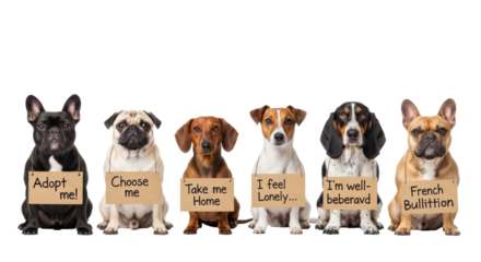 Six diverse dogs (French Bulldogs, Pug, Dachshund, Jack Russell, Basset Hound mix) patiently seated with adoption signs on transparent studio background with copy space, pet adoption concept