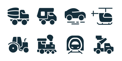 Vehicle and transport excellent icon collection. Concrete mixer truck, cargo truck, car transport, helicopter, tractor, train engine, tunnel metro, crane truck © stas111