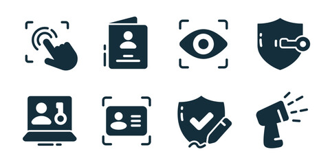 Authentication and security icon collection. Touch scan, digital ID document, eye scan, shield protection, secure login laptop, verified card, data safety, access control
