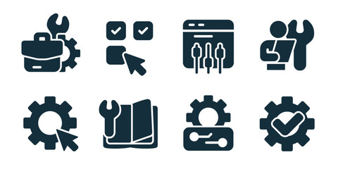 Setup and configuration icon collection. Work tools bag, selection checklist, control panel, technician support, settings click, maintenance manual, system adjustment, approval gear