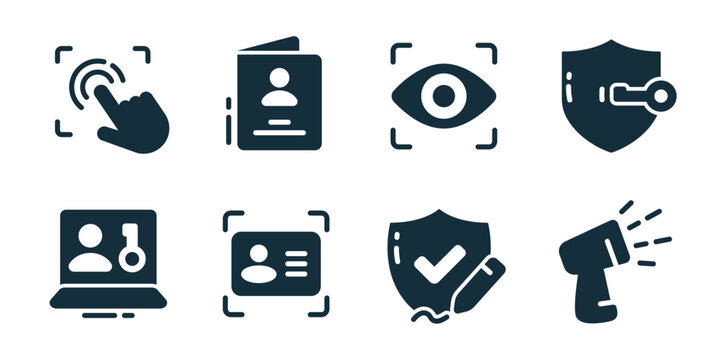 Authentication and security icon collection. Touch scan, digital ID document, eye scan, shield protection, secure login laptop, verified card, data safety, access control