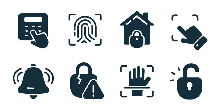 Security systems excellent icon collection. Keypad access, fingerprint scan, home security lock, gesture control, alert bell, broken lock warning, biometric hand scan, unlocked access