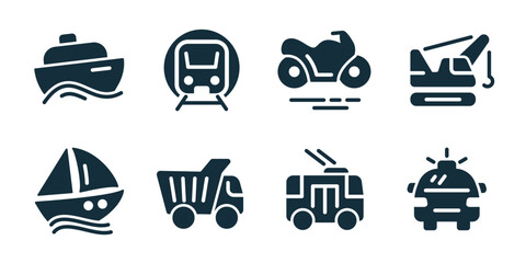 Vehicle and transport excellent icon collection. Ship, metro train, motorcycle, excavator, sailboat, dump truck, emergency vehicle, police car © stas111