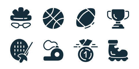 Sport excellent icon collection. Winter hat, basketball ball, american football, trophy cup, fencing mask, running shoe, boxing glove, skating boot