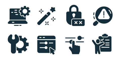 Setup and configuration icon collection. Interface settings, service manual, system controls, optimization gear, technical laptop, magic setup, access lock error, warning search © stas111