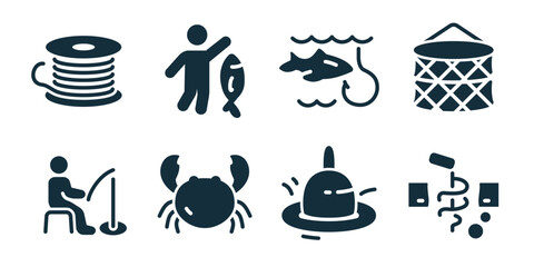 Fishing excellent icon collection. Fishing rope, fisherman holding fish, fish hook line, fish trap basket, seated angler, crab catch, fishing buoy, tangled net