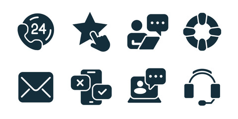 Customer service excellent icon collection. Support call, rating star, laptop consultation, team help, email message, status approval, online chat, headset assistance