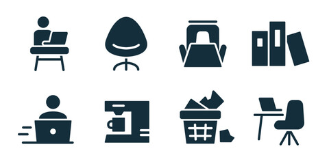 Office and coworking excellent icon collection. Laptop work, office chair, reception desk, document folders, remote worker, coffee machine, trash bin, work desk