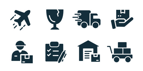 Logistics and delivery excellent icon collection. Air shipment, fragile package, fast truck, hand delivery, courier worker, checklist order, warehouse storage, cart transport