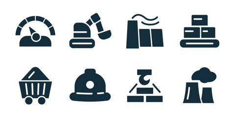 Industrial excellent icon collection. Speedometer gauge, excavator arm, factory smokestacks, warehouse boxes, mining cart, safety helmet, bricklaying tool, power plant towers © stas111