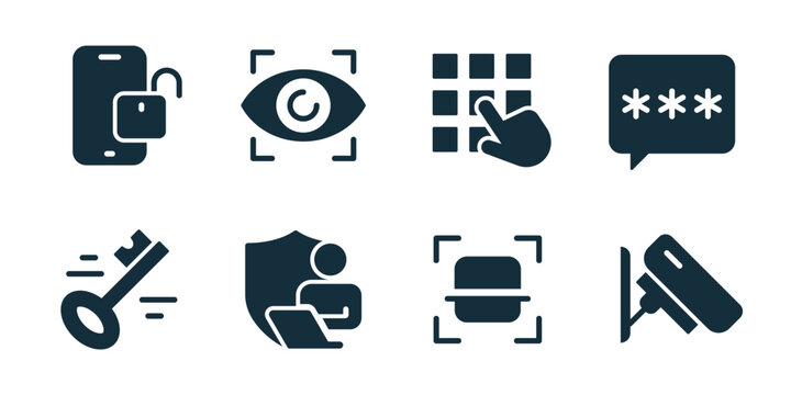 Security excellent icon collection. Mobile phone lock, eye scan, keypad access, password message, flashlight search, shield user, system scan, surveillance camera