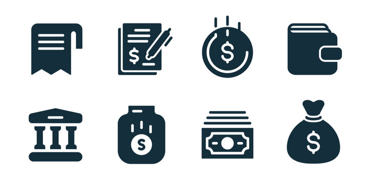 Contracts and finance management excellent icon collection. Receipt document, signed contract, money timer, wallet, bank building, savings jar, cash stack, money bag
