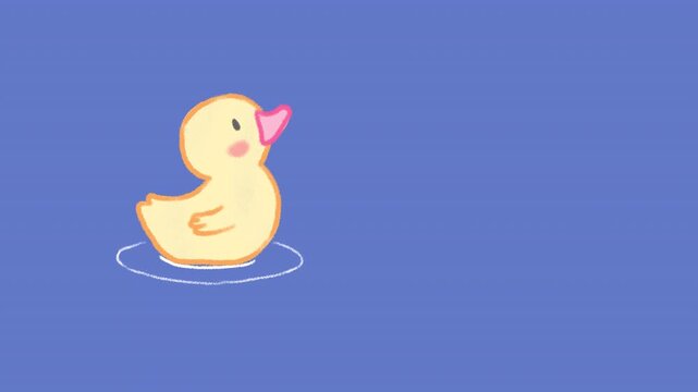 Hand drawn cartoon animation of a cute baby duckling swimming and diving in water. Yellow rubber duck in a bath. Seamless loop on a transparent alpha channel.