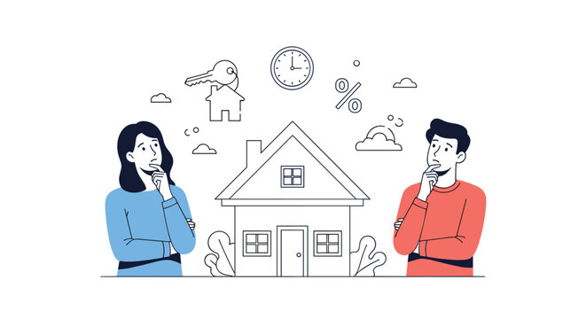 Young couple standing next to a house and thinking about mortgage and real estate investment opportunities together.