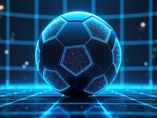 Futuristic glowing blue soccer ball rests on digital grid surface inside dark virtual goal