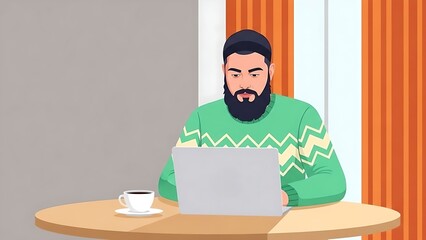 Bearded man in a green sweater working on a laptop with a coffee cup nearby