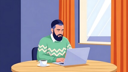 Bearded man in a green sweater working on a laptop with a coffee cup nearby
