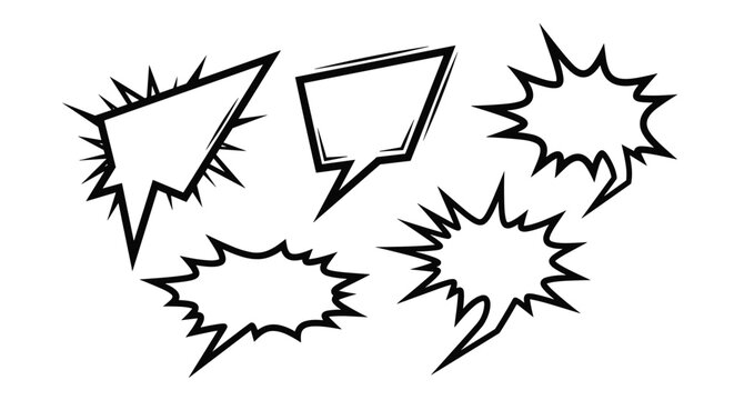 Collection of dynamic black and white comic speech bubbles with jagged edges for action and dialogue design.