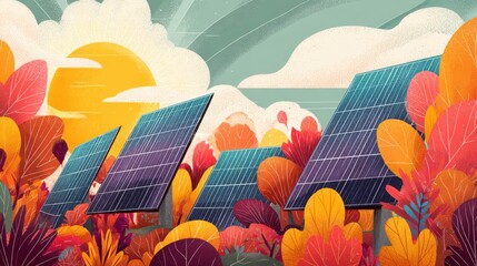 Solar energy panels surrounded by vibrant autumn foliage