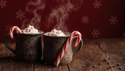 Cozy Christmas - Two mugs of hot chocolate with candy canes.