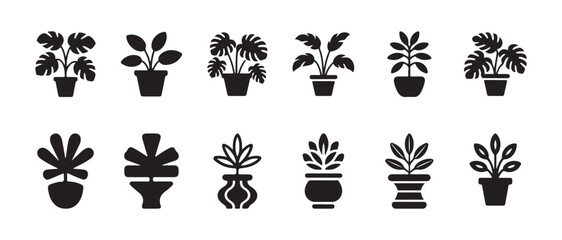 Tropical monstera and palm plant icons set of black silhouettes in pots vector illustration design © MST