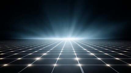 Futuristic digital grid with glowing blue accents, sleek silver frame, and abstract perspective emphasizing technology and innovation, ideal for digital concepts and tech visuals