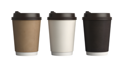 Three disposable coffee cups with black lids on white background