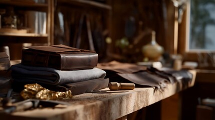 Finished leather goods displayed on a workbench beside tools and scraps, showing transformation from raw material to premium handcrafted product. cinematic color correction, natural uneven lighting