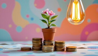 Blooming Growth Stack Coins Under Warm Glow