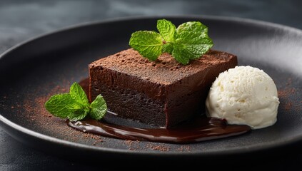 Decadent Chocolate Brownie with Vanilla Ice Cream, Fresh Mint, and Sauce on Dark Plate.