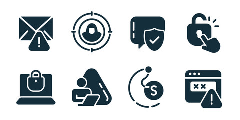 Hacking excellent icon collection. Warning money alert, code error, broken shield, hacker laptop, cyber threat, digital fraud, system failure, online attack