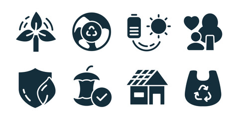 Ecology and recycle excellent icon collection. Wind turbine plant, recycle fan symbol, eco battery sun, family nature care, leaf shield, organic waste check, solar house, recycle bag