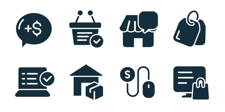 E-commerce excellent icon collection. Money message, approved basket, shop store, price tag, verified laptop, warehouse delivery, payment mouse, online screen