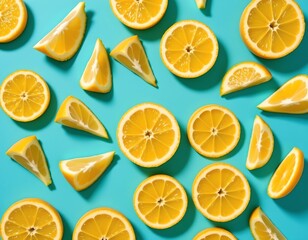 Obraz premium Fresh Lemon Slices Bright Turquoise Background