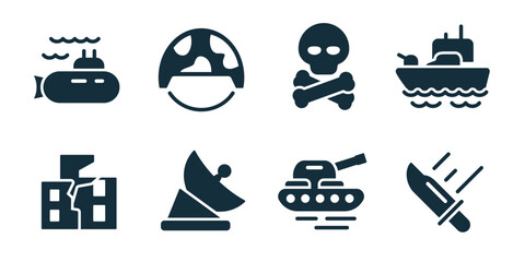 War and military excellent icon collection. Submarine, globe defense, skull danger, warship, destroyed building, satellite radar, tank vehicle, combat knife © stas111