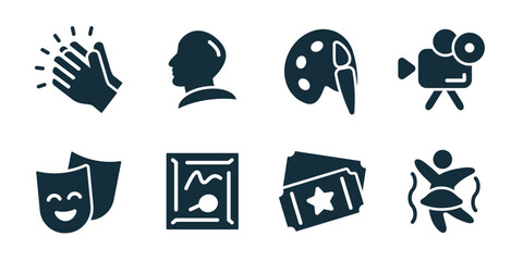 Art and culture excellent icon collection. Comedy mask, sound board, ticket star, dancing figure, portrait profile, gallery frame, theater seats, stage spotlight