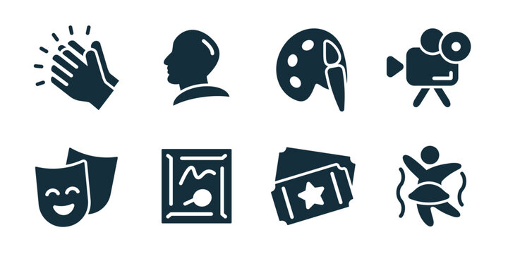 Art and culture excellent icon collection. Comedy mask, sound board, ticket star, dancing figure, portrait profile, gallery frame, theater seats, stage spotlight