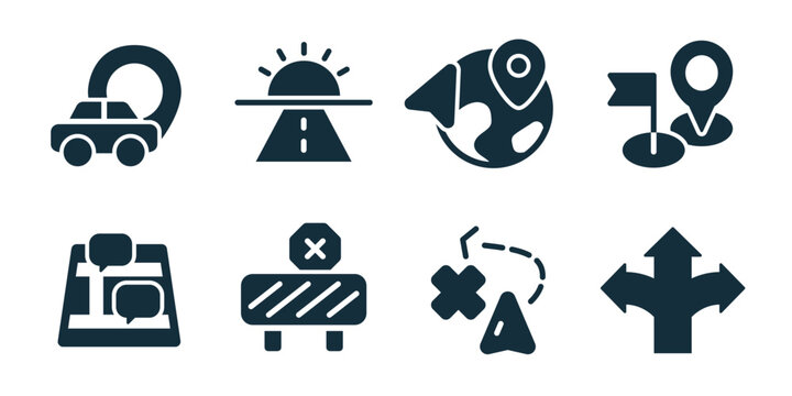 Navigation excellent icon collection. Car location, road horizon, planet route, flag marker, chat navigation, blocked road, reroute arrow, direction crossroad
