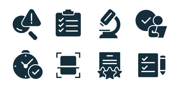 Quality analysis excellent icon collection. Checklist form, verified user, star rating report, task completion, time approval, focus object, result document, planning note